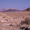Das Bild zeigt eine afrikanische Wüste mit Bergen im Hintergrund und Geröllfeldern im Vordergrund.