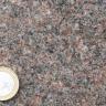 Detailaufnahme eines rötlich-grauen Gesteins, welches außerdem helle und dunkle Minerale aufweist. Die Kristalle sind klein. Unten links befindet sich eine 1-Euro-Münze als Maßstab.