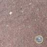 Nahaufnahme einer rötlichen Gesteinsoberfläche mit hellen und dunklen Sprenkeln. Eine Euro-Münze rechts unten dient als Größenvergleich.