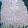 Blick auf einen größeren, hellgrauen Steinblock mit ungleichmäßigem Rand sowie weißlichen Einschlüssen. Auf der Oberfläche des Steins ist das Wappen und der Name von Seebach eingraviert.