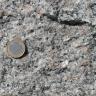 Nahaufnahme einer glitzernden, kristallinen Gesteinsoberfläche. Farbe grau mit kleinen rötlichen Sprenkeln. Eine Euro-Münze links dient als Größenvergleich.