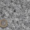 Nahaufnahme einer körnigen grauen Gesteinsoberfläche mit helleren und dunkleren Stellen. Links unten liegt eine Euro-Münze.