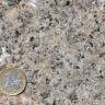 Nahaufnahme einer kristallinen, gelblich grauen Gesteinsoberfläche. Links unten dient eine Euro-Münze als Größenvergleich.