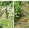 Zweigeteiltes Foto, das links einen Wasserfall mit starker Begrünung und rechts einen schmalen, leicht stufigen Bachlauf zeigt.
