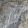 Blick auf eine bläulich graue bis braune Gesteinsfläche mit vertikaler Schichtung. Über einem am unteren Bildrand angebrachten Maßstab steigen zudem weißliche Streifen hoch.