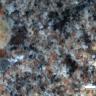 Mikroskopaufnahme eines Granits mit schwarzen, grauen, rötlichen und gelblich grauen Mineralen. Am linken Bildrand liegt ein deutlich großer graugelber Feldspat in der Grundmasse aus 1-4 mm großen Mineralen.