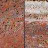 Nahaufnahme von zwei nebeneinander stehenden Gesteinsplatten mit geschliffenen Oberflächen. Farbe links durchgehend rötlich, rechts im Wechsel mit hellem Grau (oben). Am unteren Bildrand verläuft eine Maßstabsleiste.
