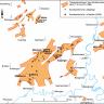 Vereinfachte Übersichtskarte mit farbig dargestellten Verbreitungsgebieten der „Sandsteinstränge“ des Schilfsandsteins zwischen Kraichgau, Heilbronn und dem Enztal.