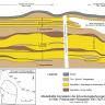 Mehrfarbige geologische Schnittzeichnung, dargestellt ist der Aufbau von Stubensandstein-Schichten in einem Steinbruch. Ermittelt wurde der Aufbau durch Erkundungsbohrungen.