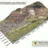 Dreidimensionales, farbiges Geländemodell mit der Darstellung eines Bergrutsches oberhalb einer Siedlung. Vorlage sind Luftaufnahmen.