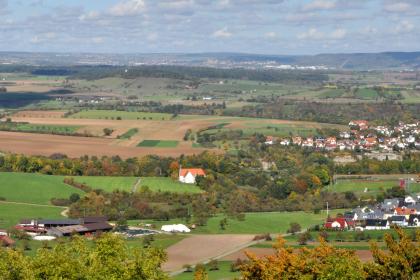 Panoramablick über eine flache, von Wiesen und Äckern durchzogene Landschaft. Rechts im Bild befindet sich eine Siedlung, links ein heller Steinbruch. Im Hintergrund rechts steigen bewaldete Höhenzüge auf.