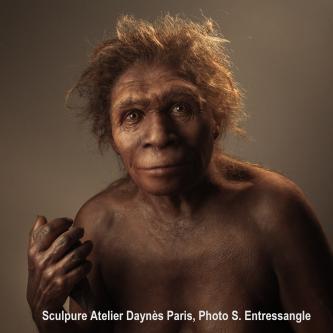 Das Foto zeigt die sehr lebendig wirkende Nachbildung eines Urzeitmenschen mit brauner, runzliger Haut, breiter Nase, wulstigen Augenbrauen und braunen Haaren. In der erhobenen rechten Faust hält der Urmensch einen Steinkeil.