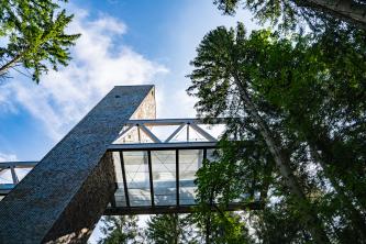 Teilansicht des Museumsbaus im Nationalparkzentrum Schwarzwald. Zu sehen ist links ein mit Holzschindeln bedeckter, rechteckiger Turm, rechts hohe Bäume. Vom Turm geht ein teils offener, aus Holz gefertigter Balkon bis zu den Baumspitzen hinüber.