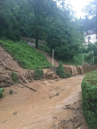 Murgang vom 13.06.2016 in Waldkirch (Foto: Feuerwehr Waldkirch) Das Bild zeigt einen Hangrutsch an einem nach links aufsteigenden bewaldeten Hang. Schlamm und Wasser fließen über Teile des Hanges und dann Richtung Betrachter. Im Hintergrund ist ein Wohnhaus auf dem Hang zu sehen.