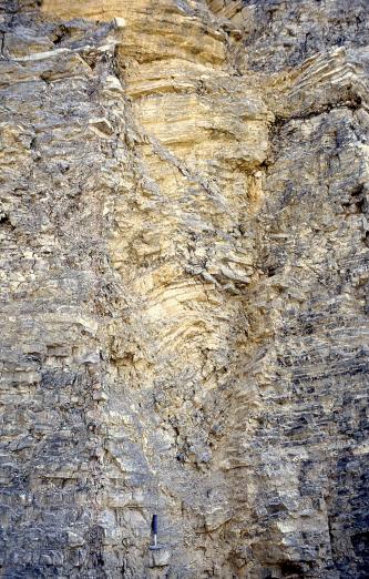 Ruschelzone im Oberen Muschelkalk bei Herrenberg-Haslach Felswand in Steinbruch