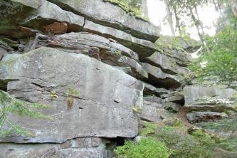 Seitlicher, nach rechts gerichteter Blick auf mehrere graue Gesteinsblöcke und Platten, die auf- und nebeneinander an einem Waldhang liegen.