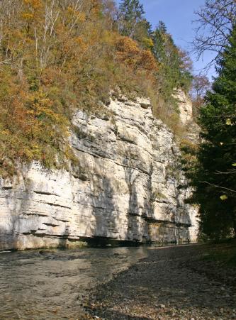 Am linken Ufer eines schmalen Flusses erhebt sich eine weißliche, waagrecht gebankte, zum Hintergrund hin abgestufte Gesteinswand. Deren obere Enden sind mit Bäumen bewachsen. Rechts unten ist das Gegenufer flach und kiesig.