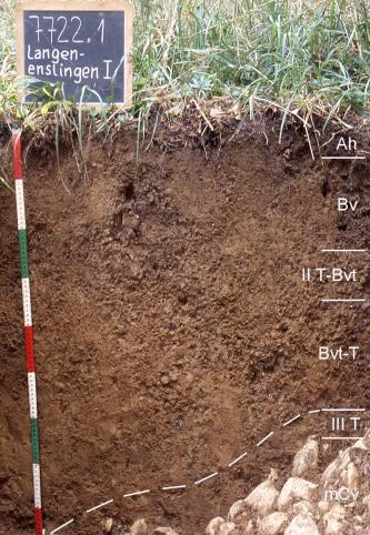 Das Foto zeigt ein Bodenprofil unter Grünland. Es handelt sich um ein Musterprofil des LGRB. Das sechs Horizonte umfassende Profil ist etwa 90 cm tief.