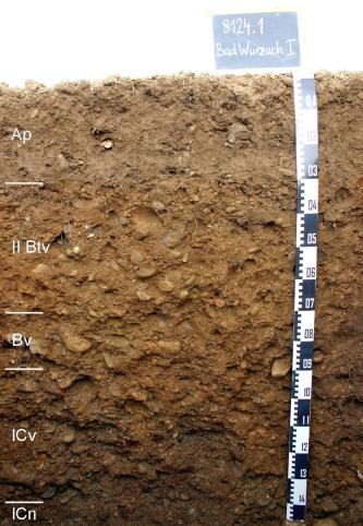 Das Foto zeigt ein Bodenprofil unter Acker. Es handelt sich um ein Musterprofil des LGRB. Das fünf Horizonte umfassende Profil ist 1,45 m tief.