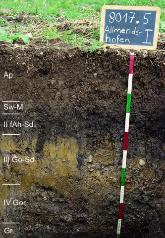 Das Foto zeigt ein Bodenprofil unter Acker. Es handelt sich um ein Musterprofil des LGRB. Das sechs Horizonte umfassende Profil ist 1 m tief.