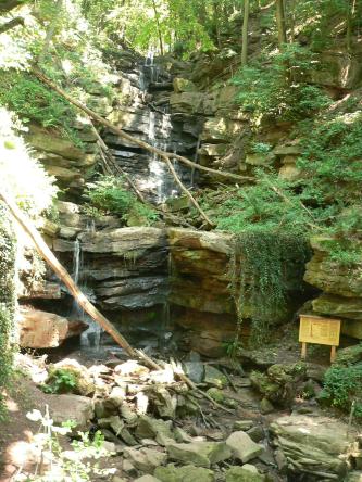 Blick in eine enge, bewaldete Felsenschlucht, in der ein Bach mehrere Gefällstufen überwindet. Im Mittelgrund hängen abgebrochene Äste über dem Wasserfall. Im Vordergrund liegen größere Steine im Bachbett.