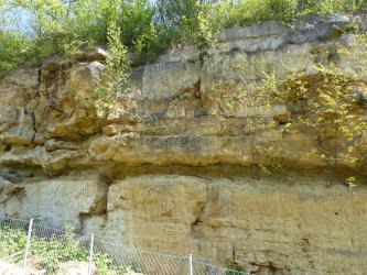 Seitlicher Blick auf eine alte, teils bewachsene Steinbruchwand. Im unteren Teil sind größere Gesteinsblöcke vorhanden. Darüber ist Lehm aufgeschichtet.