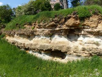Seitlicher Blick auf einen weißlich bis hellbraunen Gesteinsaufschluss. Der Aufschluss öffnet sich zwischen Grasboden und einem mit Gras bewachsenen Hang.