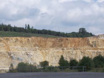 Blick auf eine lange, durch Sohlen unterteilte Steinbruchwand. Unten ist das Gestein gelblich, oben rötlich braun gefärbt. Auf der Kuppe sowie vor der unteren Sohle stehen Bäume.