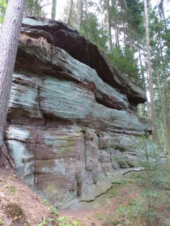 Blick auf eine hohe Gesteinswand aus blockhaften bis lagigen, rötlich grauen Felsen. Unter der obersten Decklage klafft eine längliche Nische. Die Wand steht an einem Waldhang.