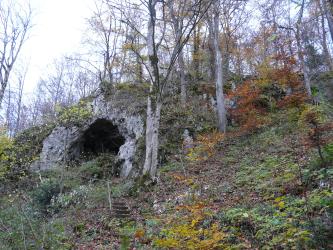 Blick auf einen nach rechts ansteigenden felsigen Waldhang, an dessen unterem Ende sich links eine rundliche Höhle öffnet. Ein Stufenpfad führt zum Höhleneingang. Das Laub der Büsche und Bäume am Hang ist teils verfärbt, teils abgefallen.