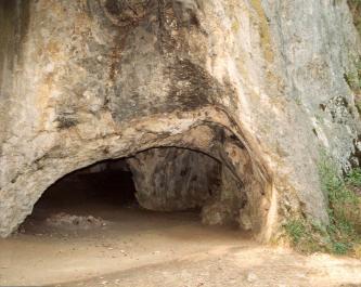 Blick auf eine gelblich graue Felswand, an deren unterem Ende sich der halbkreisförmige Eingang zu einer Höhle öffnet.