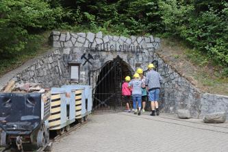Blick auf den gemauerten Eingang des Besucherbergwerks Finstergrund im Münstertal am Ende eines Waldhanges. Der Eingang ist mit Gittertüren gesichert. Rechts gehen Besucher hinein, links sind alte Förderwagen abgestellt.