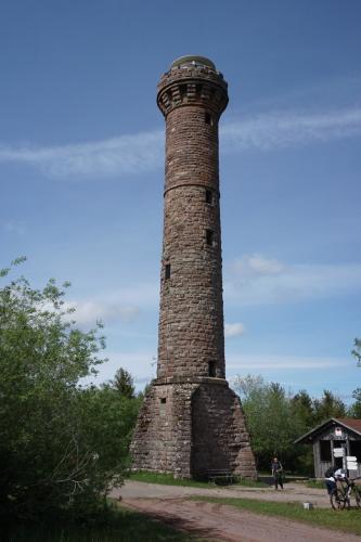Blick auf einen hohen, runden gemauerten Turm mit Aussichtsplattform oben und verbreitertem Sockel unten. Der Turm, der an einen Fabrikschornstein erinnert, steht vor einem Waldstreifen.