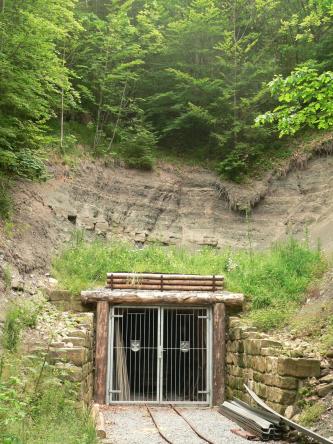 Das Bild zeigt den vergitterten Eingang zu einem von Steinbruchwänden umgebenen Stollen. 