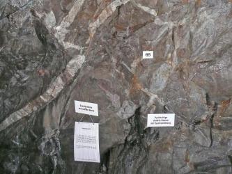 Teilansicht einer Grubenwand in einem Besucherbergwerk. Neben bräunlich graue Granitbahnen finden sich auch schwarze Spaltenfüllungen aus Gneis. 