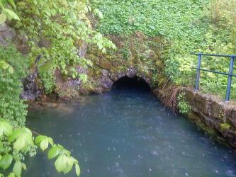Brunnenmühlenquelle (aus Wikipedia: URL: https://upload.wikimedia.org/wikipedia/commons/b/b5/Brunnenm%C3%BChlquelle.JPG) Leicht abwärts gerichteter Blick auf einen Quellaustritt unterhalb einer belaubten Böschung. Links steigen Felsen am Ufer auf, rechts begrenzt eine Steinmauer mit Geländer den Wasserlauf.