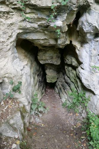 Nahaufnahme einer schmalen Öffnung in einer teils grünlich grauen Gesteinswand. Die Aufnahme entstand im Sommer, weshalb aus dieser Spalte kein Quellwasser austritt.