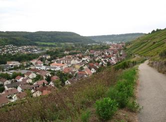 Blick von einem höher gelegenen Weg auf Rebhänge rechts oben sowie eine Siedlung links unten im Tal. Im Hintergrund bewaldete Höhen.