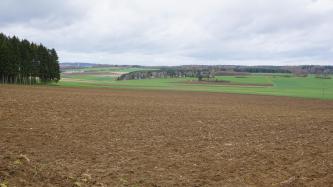 Riesalb bei Neresheim Kösingen – Im Vordergrund mit erodierten Parabraunerden aus lösslehmreichen Fließerden über Bunter Brekzie (o64) Blick über eine höher gelegene, leicht abschüssige Ackerfläche. Im Mittel- und Hintergrund folgt eine flachhügelige Landschaft mit Wiesen, Äckern und Waldstreifen.