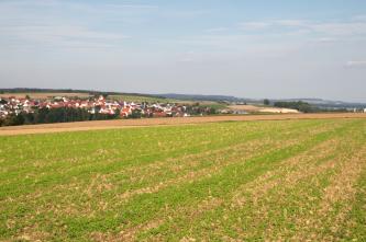 Blick auf eine weite Ackerfläche, die teils stoppelig, teils mit jungen Pflanzen bewachsen ist. Im Hintergrund eine bewaldete und besiedelte Senke, an die nach links aufsteigende flache Hügel folgen.