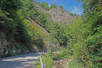 Im engen felsigen Schlüchttal wenig oberhalb des Allmut-Stegs Blick auf steile Fels- und Waldhänge, die links von einer kurvigen Straße aufsteigen. Rechts, zwischen Straßenböschung und Bäumen, verläuft ein schmaler Bach.