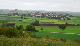 Blick von erhöhtem Standort über eine flache Landschaft mit Wiesen sowie mehrfarbigen, teils auch schwarzen Äckern. Im Hintergrund, nach einer Ortschaft, folgen stufige Hügel.
