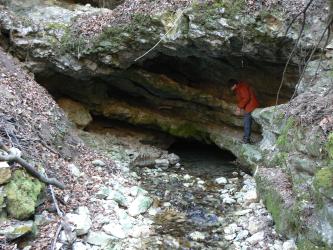 Das Bild zeigt eine über 2 m hohe, aus mehreren Steinbänken bestehende Höhle, aus der ein klarer Bach hervorsprudelt. Graues, bewachsenes Gestein liegt rechts und über der Höhle, links sind Schotter und ein Erdhang zu sehen.