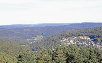 Blick vom Teltschikturm bei Wilhelmsfeld nach Osten zum Katzenbuckel Blick aus großer Höhe über Baumspitzen auf mehrere Reihen bewaldeter Berge, die sich bis zum Horizont ausbreiten. Im Mittelgrund rechts, auf der Kuppe eines der bewaldeten Berge, ist eine Lichtung. Darin liegt eine Siedlung.