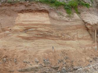 Das Bild zeigt einen Teil der Abbauwand in einer Sandgrube. Das gelblich braune Material ist im oberen Bereich von rötlichen Streifen durchzogen. Am Fuß der Wand sind größere Gesteinsbrocken eingelagert. Oben ragt Buschwerk ins Bild.