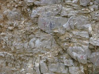 Das Bild zeigt eine kleine Schrägabschiebung von links oben nach rechts unten in einer Gesteinswand aus geklüftetem, beige-grauem Gestein.
