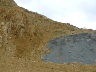 Übergang von Massenkalksteinen zu Mergelsteinen Blick auf eine Gesteinswand, deren Oberkante von links oben bis rechts mittig durch das Bild verläuft. Das anstehende Gestein ist in den linken zwei Dritteln dunkelgelb bis braun, rechts dagegen mittelgrau.