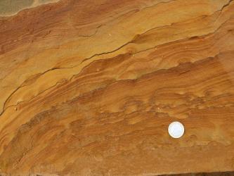 Nahaufnahme eines feinkörnigen, gelblich bis orangenen Sandsteins, welche in geschwungenen Schlieren, die von rechts oben nach links unten durchs Bild laufen, vorliegt. Rechts unten befindet sich eine Münze.
