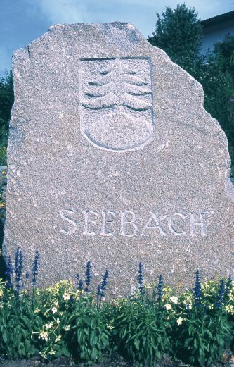 Blick auf einen größeren, hellgrauen Steinblock mit ungleichmäßigem Rand sowie weißlichen Einschlüssen. Auf der Oberfläche des Steins ist das Wappen und der Name von Seebach eingraviert.