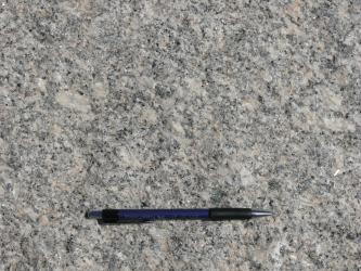 Nahaufnahme einer hellgrauen bis rosafarbenen, kristallinen Gesteinsoberfläche. In der unteren Bildhälfte dient ein aufgelegter Kugelschreiber als Größenvergleich.